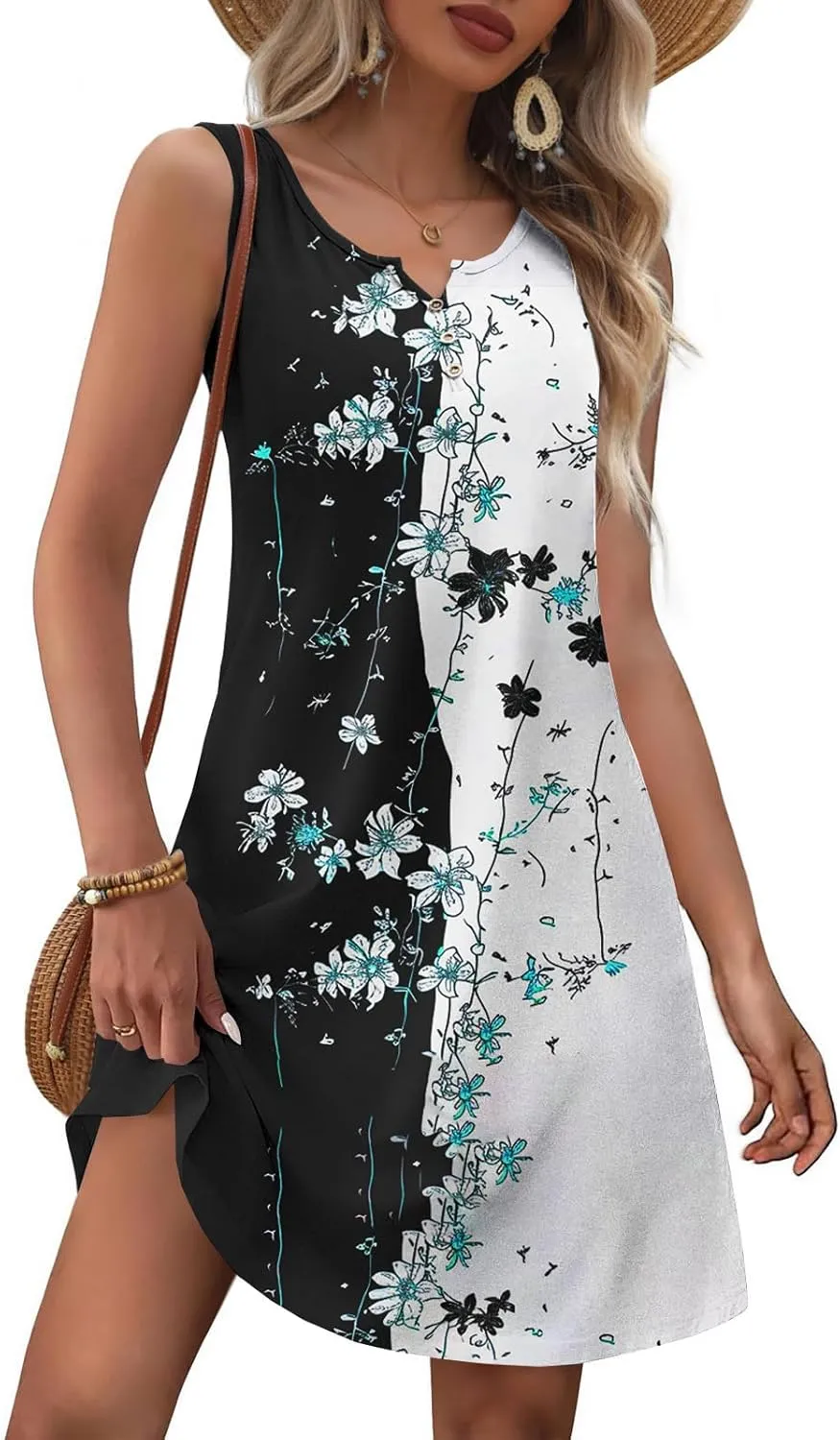 Summer Dresses Womens Beach Vacation Boho Floral Tunic Dress Sexy Button V Neck Sleeveless Tunic Mini Tank Sundress