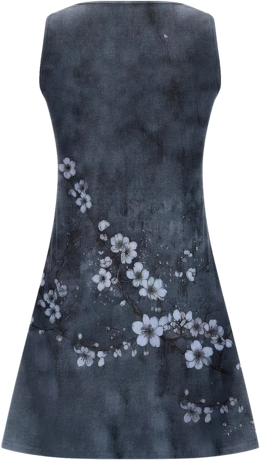 Summer Dresses Womens Beach Vacation Boho Floral Tunic Dress Sexy Button V Neck Sleeveless Tunic Mini Tank Sundress