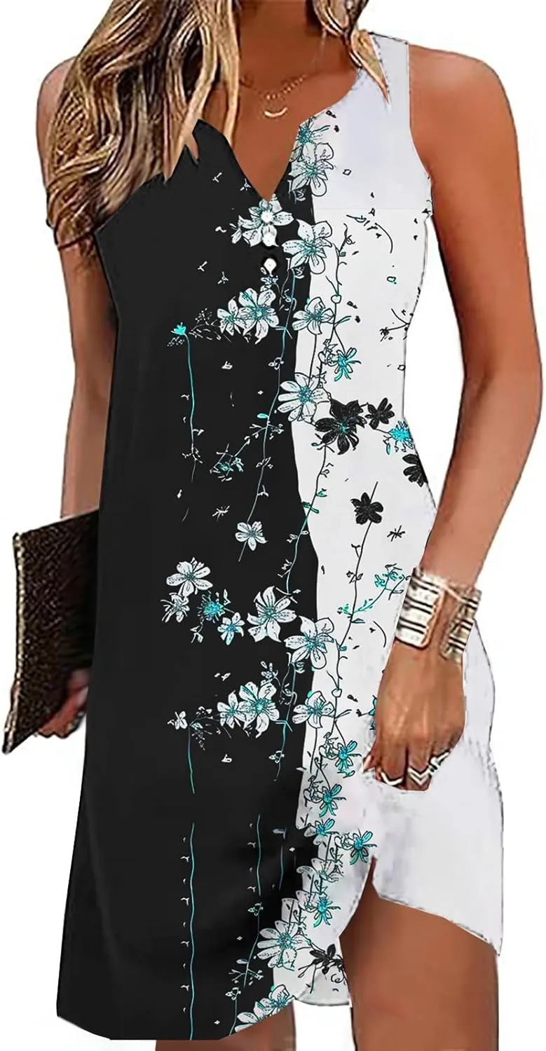 Summer Dresses Womens Beach Vacation Boho Floral Tunic Dress Sexy Button V Neck Sleeveless Tunic Mini Tank Sundress