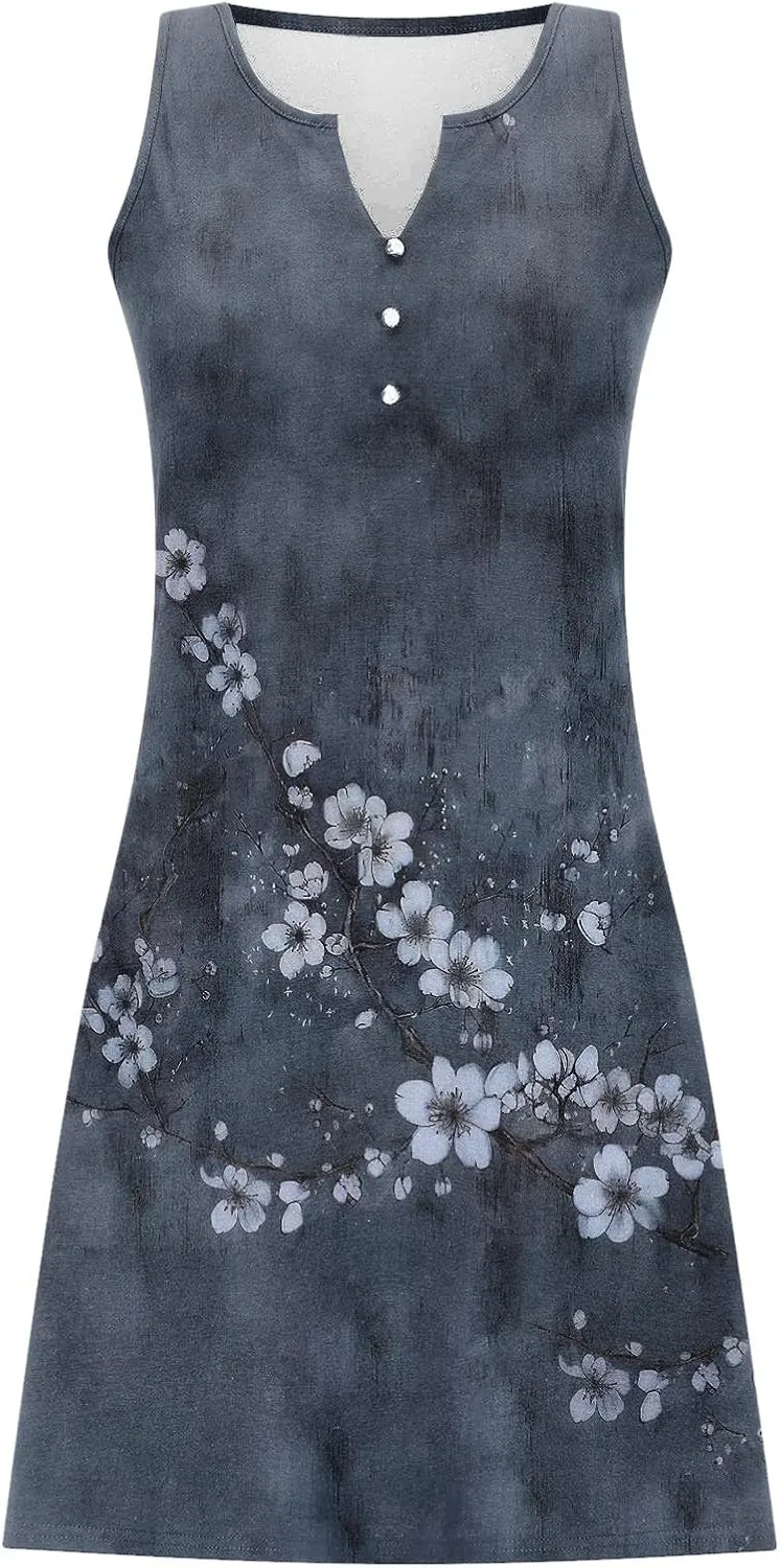 Summer Dresses Womens Beach Vacation Boho Floral Tunic Dress Sexy Button V Neck Sleeveless Tunic Mini Tank Sundress