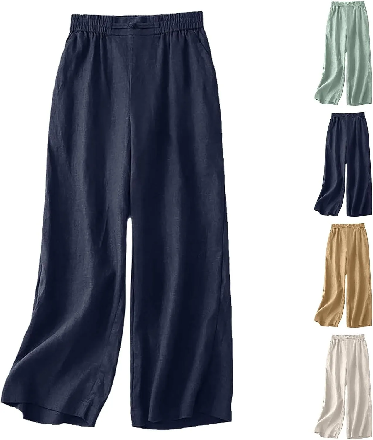 Summer Linen Pants for Women Casual Boho Palazzo Trousers Drawstring Waist Wide Leg Lightweight Summer Beach Outfit