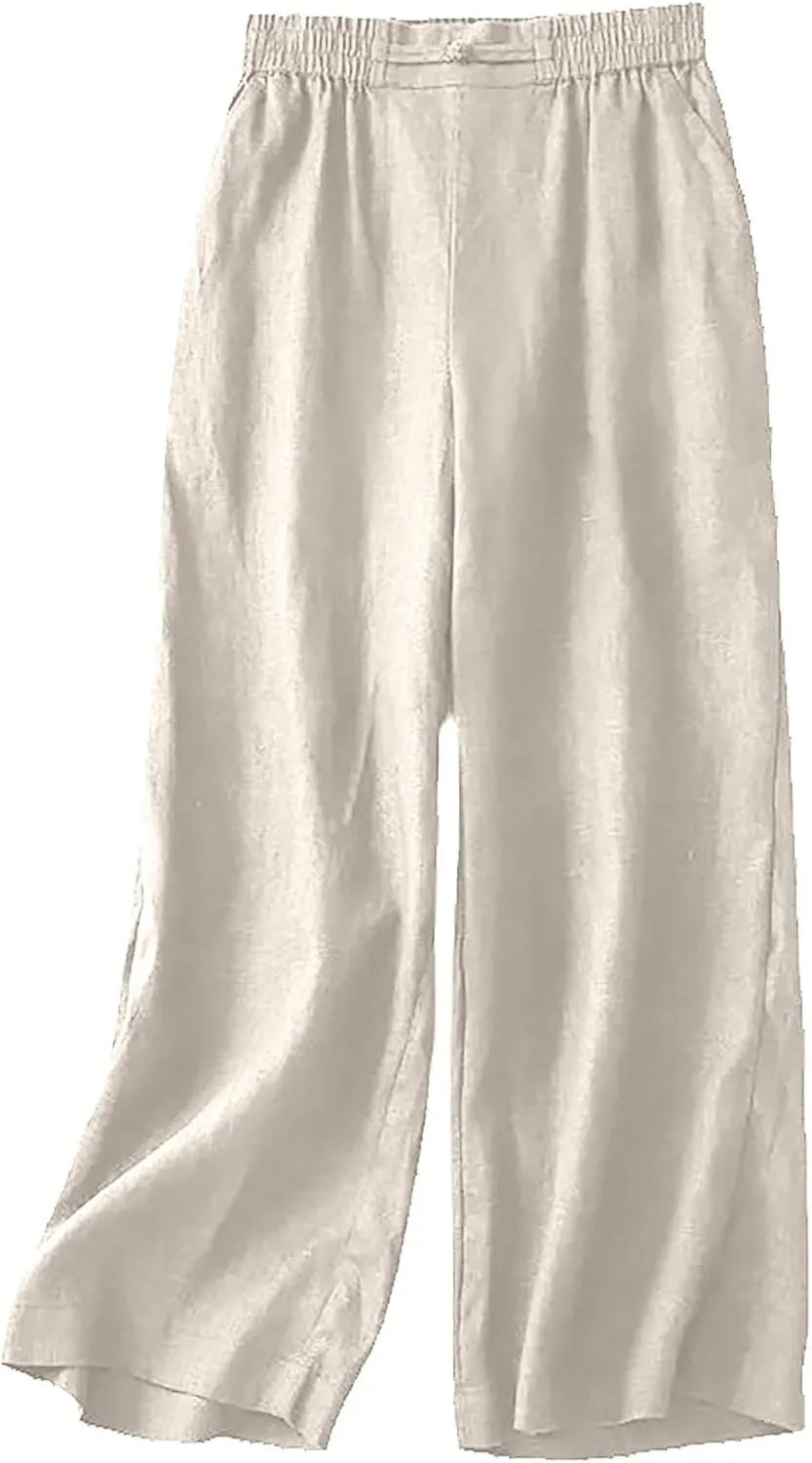 Summer Linen Pants for Women Casual Boho Palazzo Trousers Drawstring Waist Wide Leg Lightweight Summer Beach Outfit