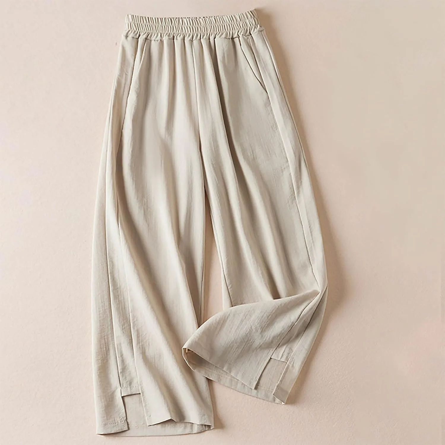 Summer Linen Pants for Women Casual Boho Palazzo Trousers Drawstring Waist Wide Leg Lightweight Summer Beach Outfit