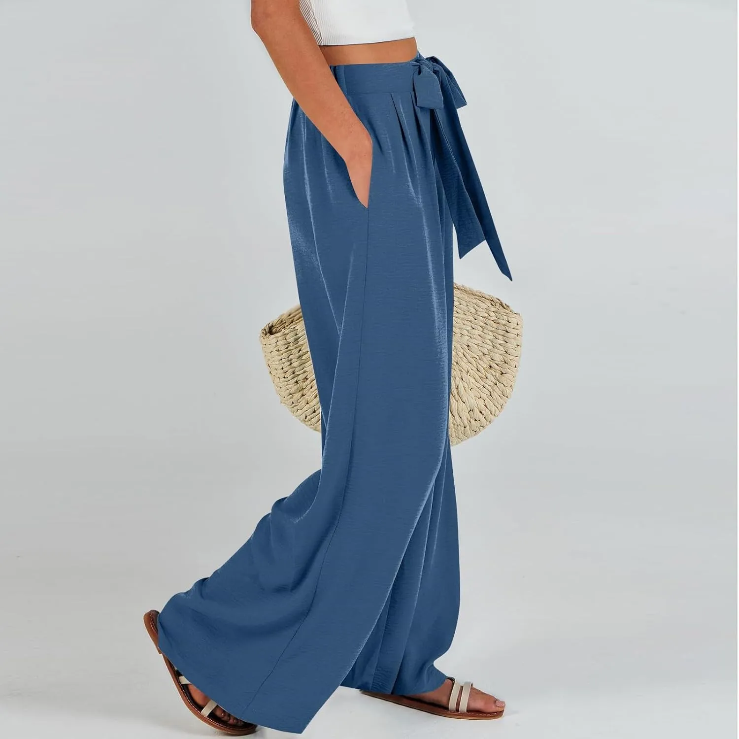 Summer Pants for Women 2025 Wide Leg Linen Pants Tie Knot High Waisted Palazzo Pants with Pockets Beach Cover Up Pant