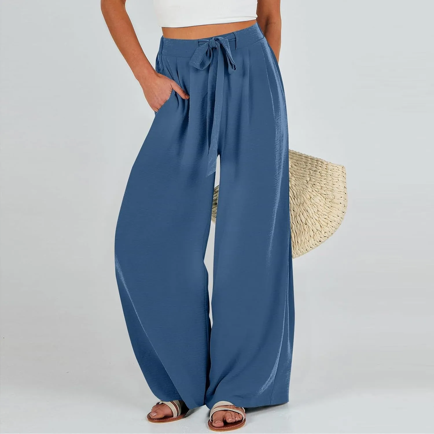 Summer Pants for Women 2025 Wide Leg Linen Pants Tie Knot High Waisted Palazzo Pants with Pockets Beach Cover Up Pant