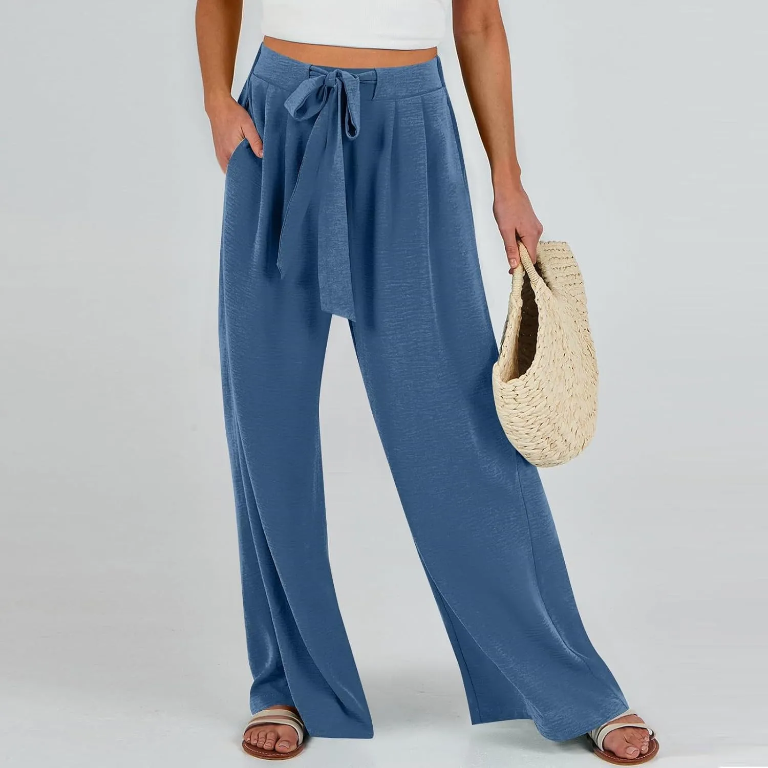 Summer Pants for Women 2025 Wide Leg Linen Pants Tie Knot High Waisted Palazzo Pants with Pockets Beach Cover Up Pant