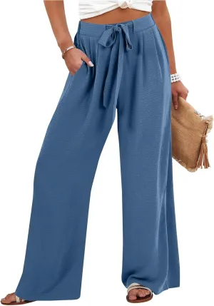 Summer Pants for Women 2025 Wide Leg Linen Pants Tie Knot High Waisted Palazzo Pants with Pockets Beach Cover Up Pant