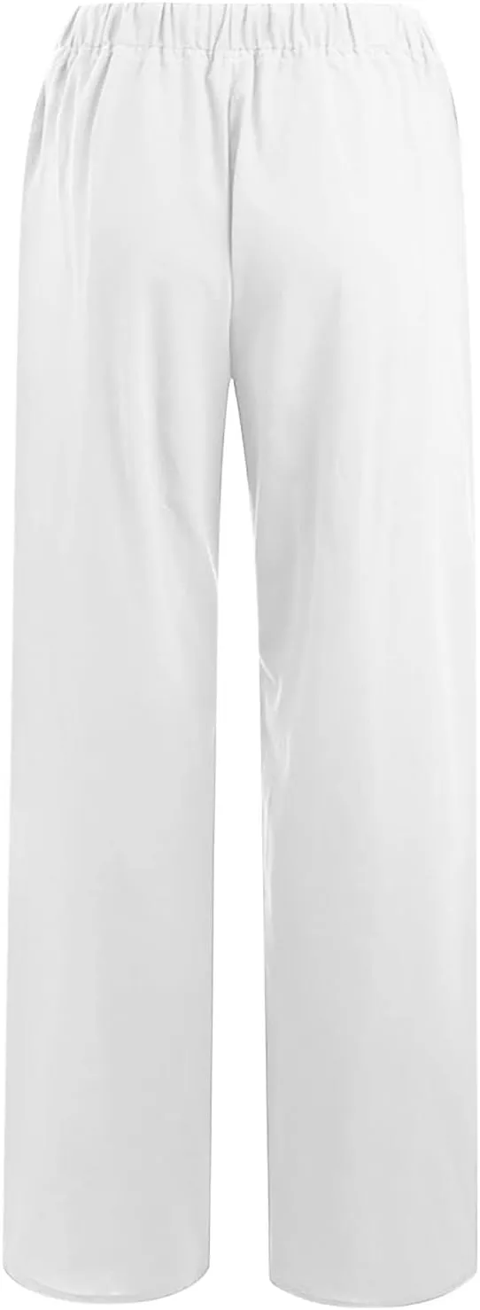 Summer Pants for Women Casual 2024 Summer Drawstring Elastic High Waist Linen Pant Straight Wide Leg Cropped Trousers