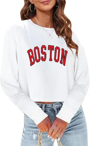 Sumtory Women Long Sleeve Crew Neck Sweat Shirts Loose Fit Letter Print Pullovers Crop Tee Tops