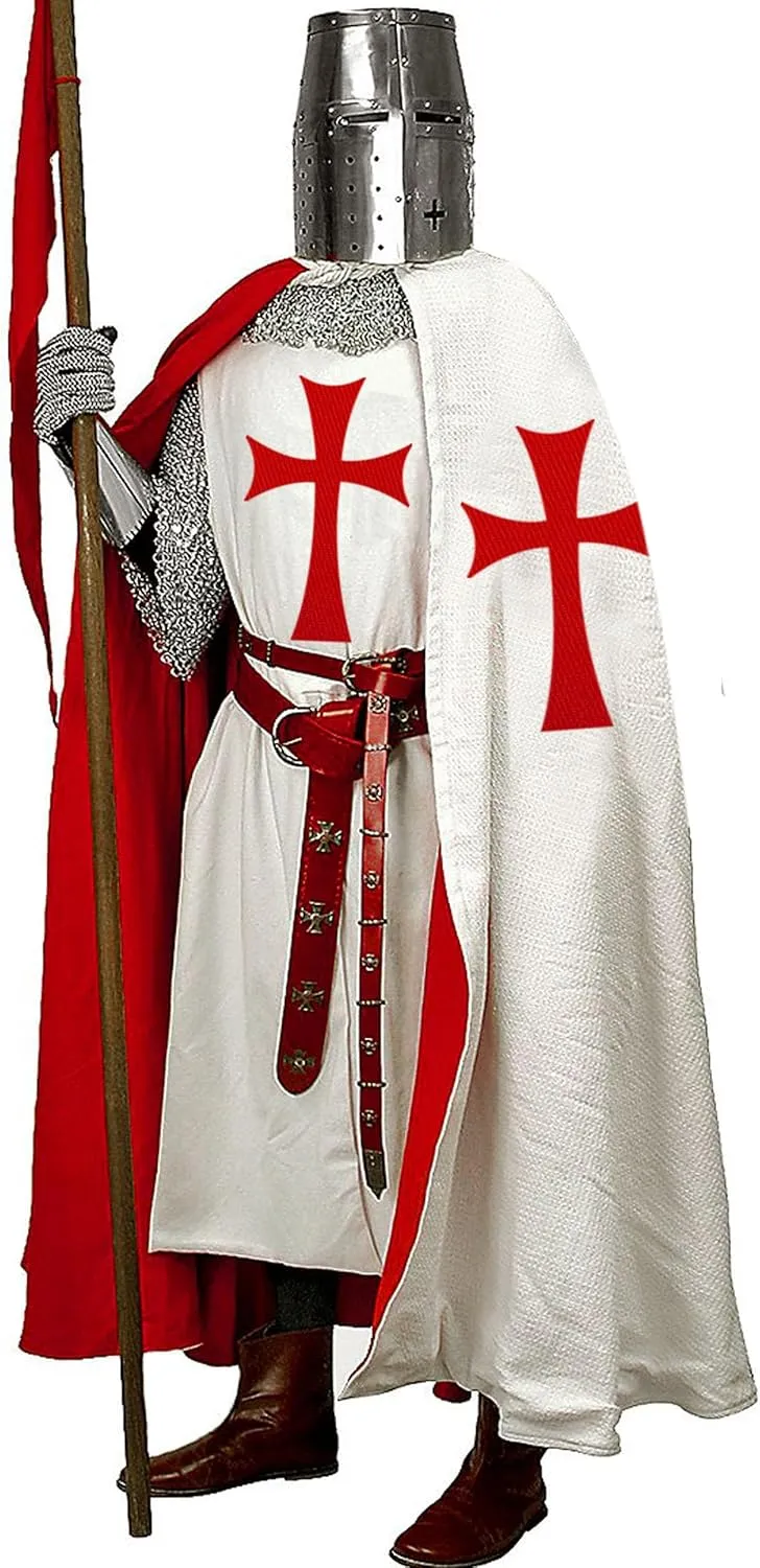 SUNLEXA Handmade Medieval Knight Tunic Hooded Cap Cloak Halloween Costume Templar Surcoat Cosplay Costumes Renaissance(S-6XL)