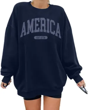 SUPEYA American Sweatshirt Women USA Oversized Shirt Patriotic TShirt Casual Long Sleeve Pullover 4th of July Tee Tops