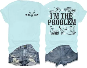 SUPEYA Cowgirl T Shirts Women Im The Problem Shirt Western Retro Cow Skull Graphic Tee Top Country Music Short Sleeve Tops