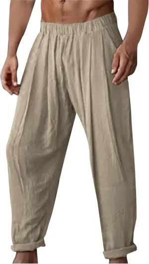 Sweatpants for Men 2024 Summer Trendy Cotton Linen Trousers Elastic Waist Sports Pants Straight Leg Pants with Pokets