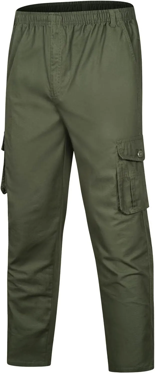 Tactical Pants for Men 2023 Elastic Waist Multi Pockets Solid Cotton Cargo Pants Causal Straight Tooling Trousers