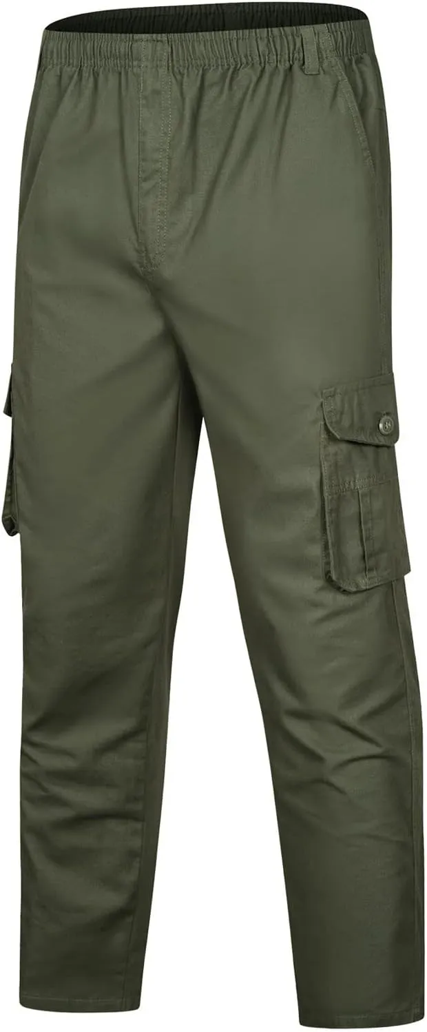 Tactical Pants for Men 2023 Elastic Waist Multi Pockets Solid Cotton Cargo Pants Causal Straight Tooling Trousers