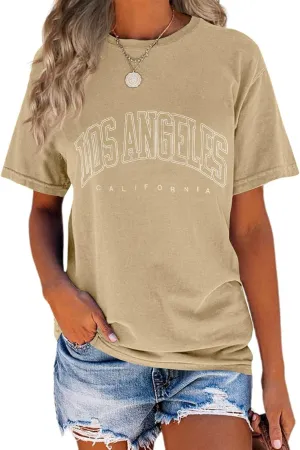 TAKEYAL Women Los Angeles Graphic T Shirts California Letter Print Short Sleeve Tee Loose Casual Tops