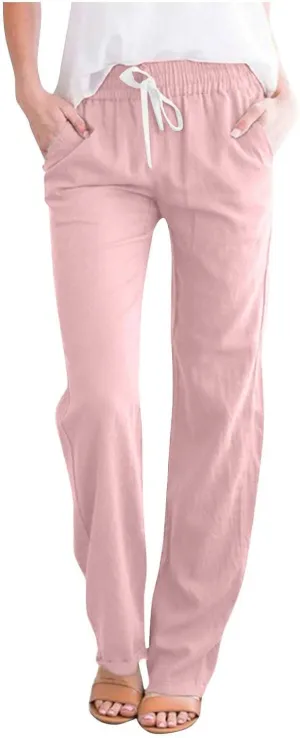 TANGNADE Cotton Linen Pants Summer 2024 Wide Leg Casual Loose Drawstring High Waist Palazzo Pants Trousers with Pockets