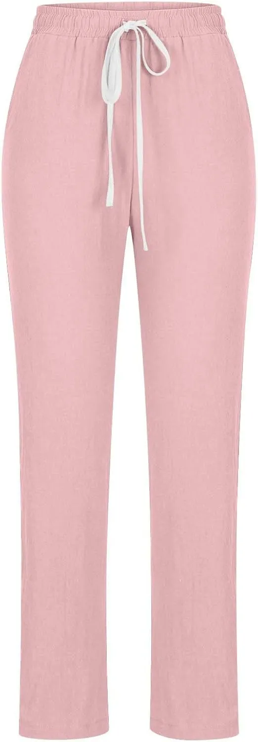 TANGNADE Cotton Linen Pants Summer 2024 Wide Leg Casual Loose Drawstring High Waist Palazzo Pants Trousers with Pockets