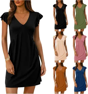 Tank Dresses for Women 2025 Deep V Neck Ruffle Sleeve Mini Dress Summer Casual Sexy Tunic Vacation Holiday Dresses