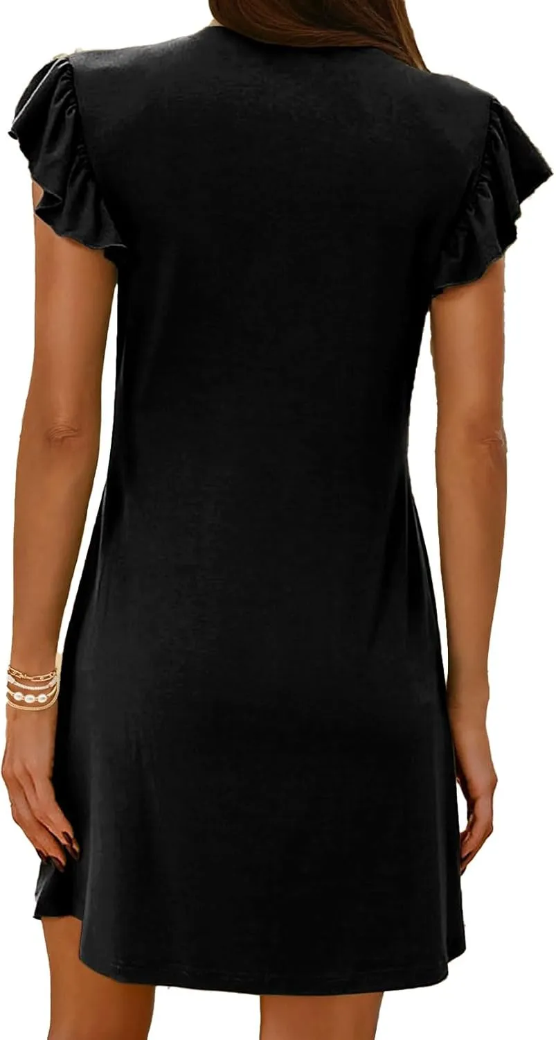 Tank Dresses for Women 2025 Deep V Neck Ruffle Sleeve Mini Dress Summer Casual Sexy Tunic Vacation Holiday Dresses