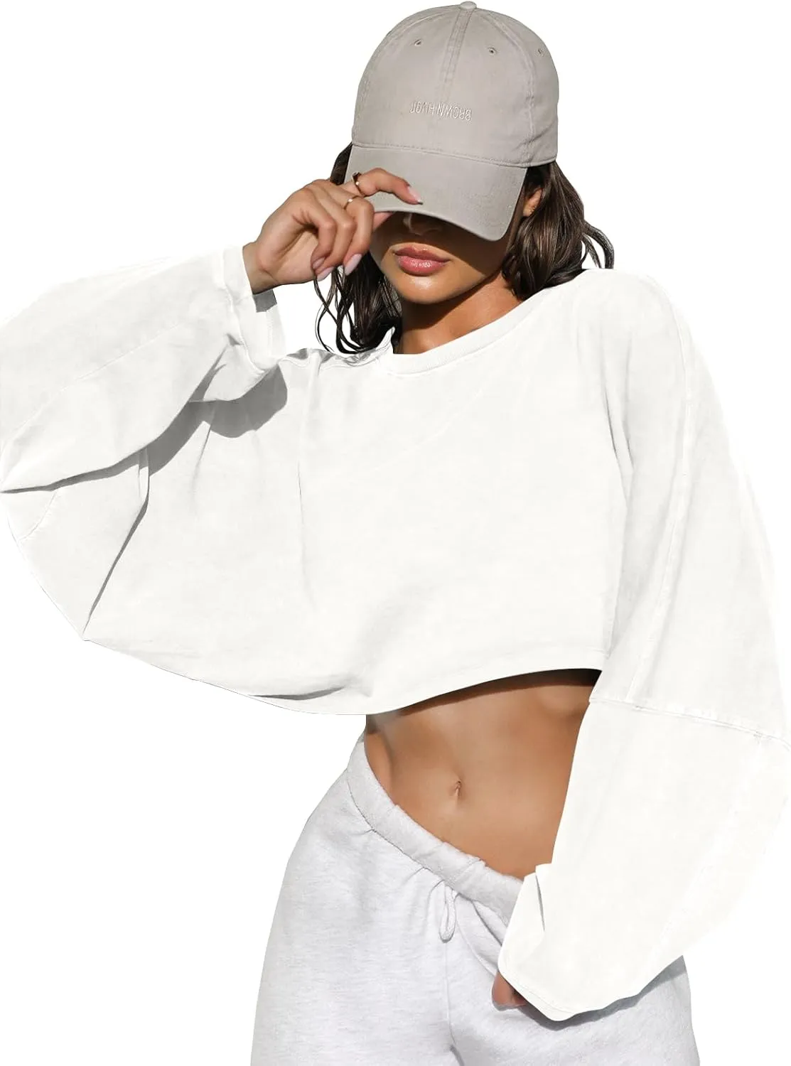 Tankaneo Womens Long Ballon Sleeve Sweatshirts Tops Cropped Crew Neck Loose Fit Casual Workout Shirts