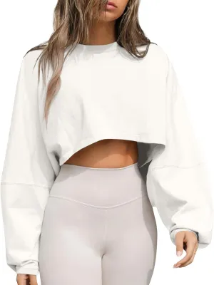 Tankaneo Womens Long Ballon Sleeve Sweatshirts Tops Cropped Crew Neck Loose Fit Casual Workout Shirts