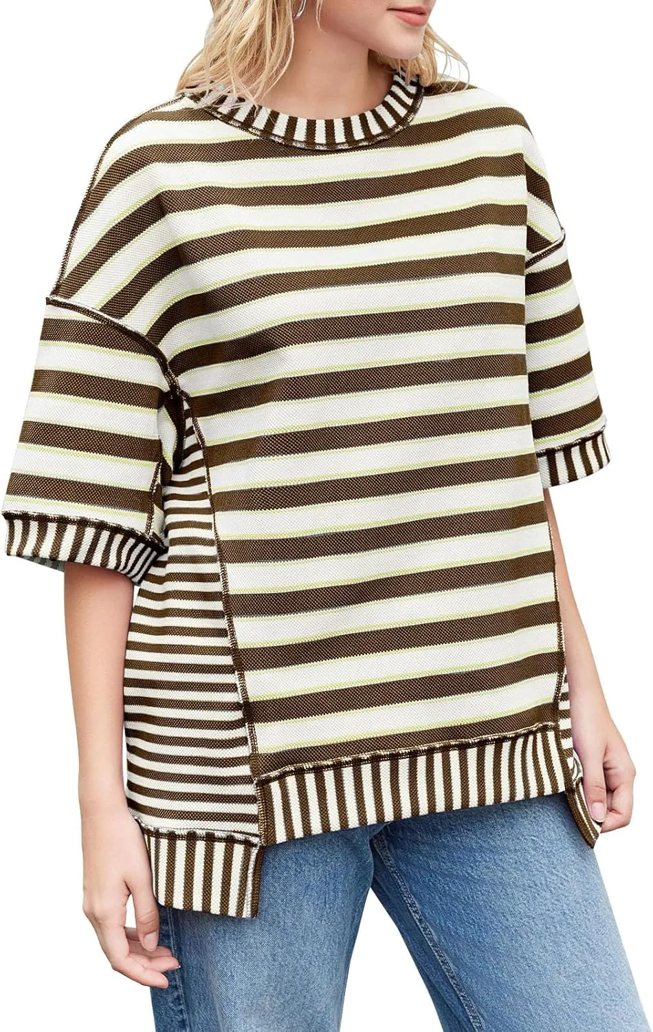 Tankaneo Womens Oversized Striped Shirt Summer Half Sleeve Tops Crew Neck Sweatshirts Casual Blouses