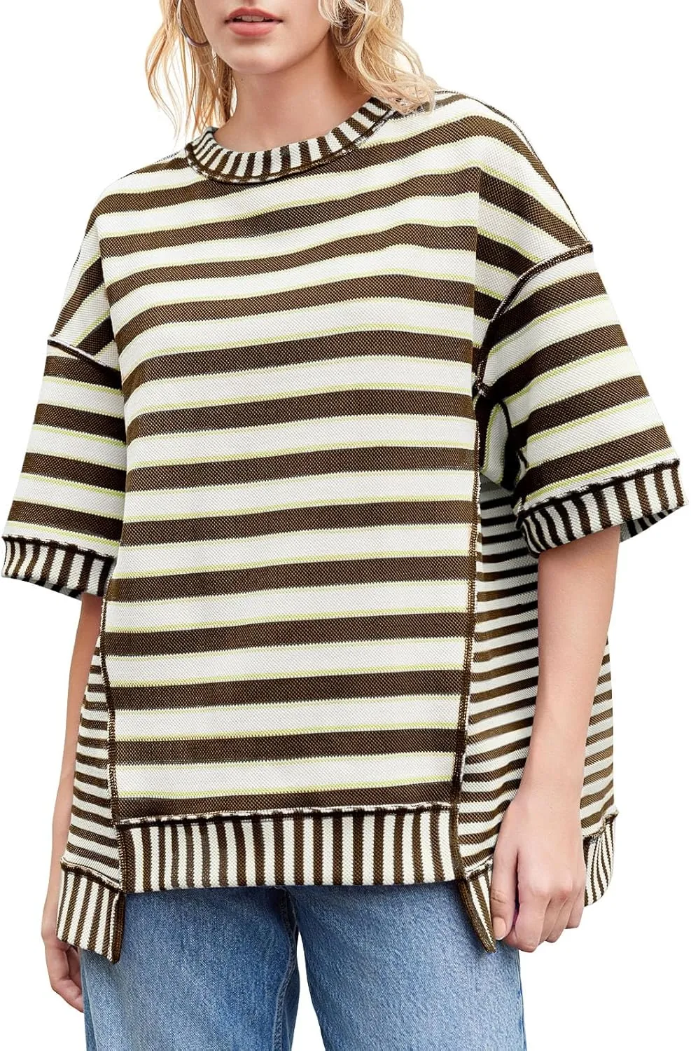 Tankaneo Womens Oversized Striped Shirt Summer Half Sleeve Tops Crew Neck Sweatshirts Casual Blouses