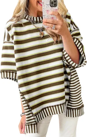 Tankaneo Womens Oversized Striped Shirt Summer Half Sleeve Tops Crew Neck Sweatshirts Casual Blouses