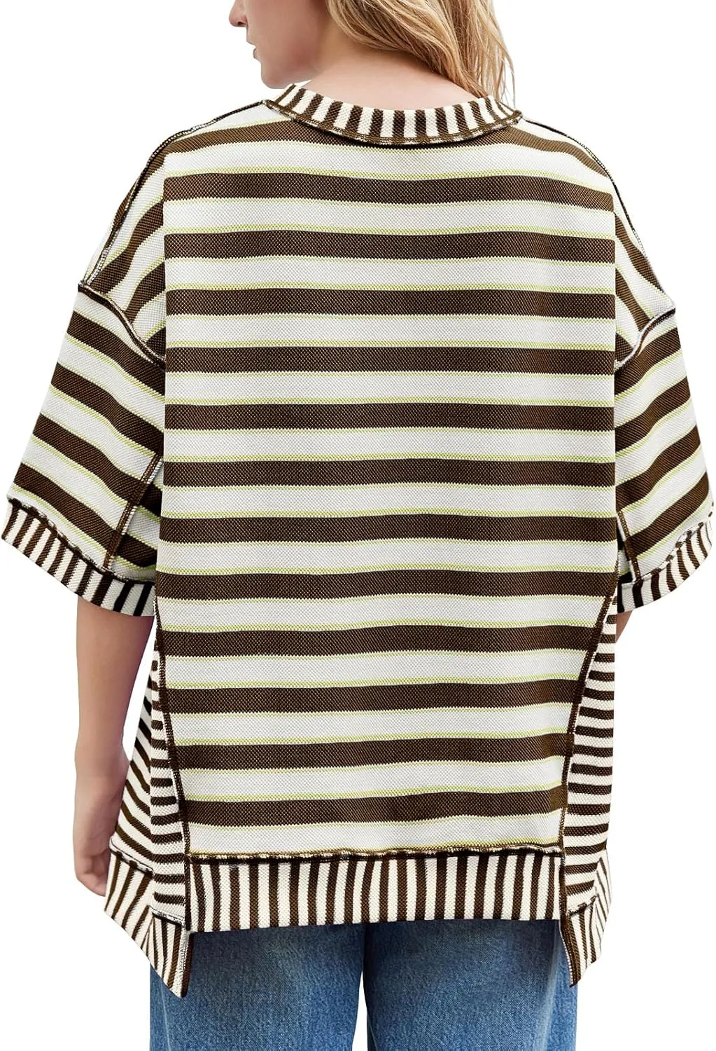 Tankaneo Womens Oversized Striped Shirt Summer Half Sleeve Tops Crew Neck Sweatshirts Casual Blouses