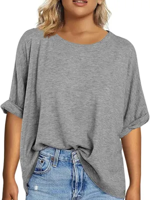 Tankaneo Women's Plus Size Short Sleeve T Shirts Summer Half Sleeve Crew Neck Oversized Tees Casual Loose Fit Tunic Tops