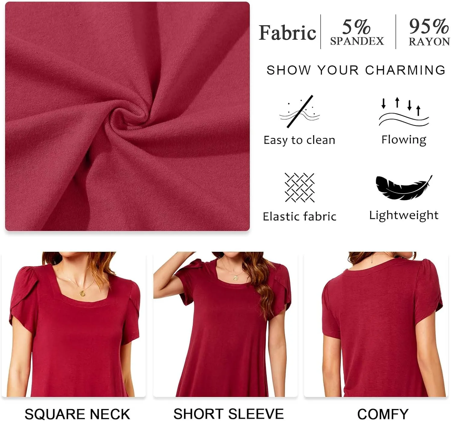 TAOHUADAO Womens 2025 Summer Casual T-Shirts Square Neck Petal Short Sleeve Tunic Tops