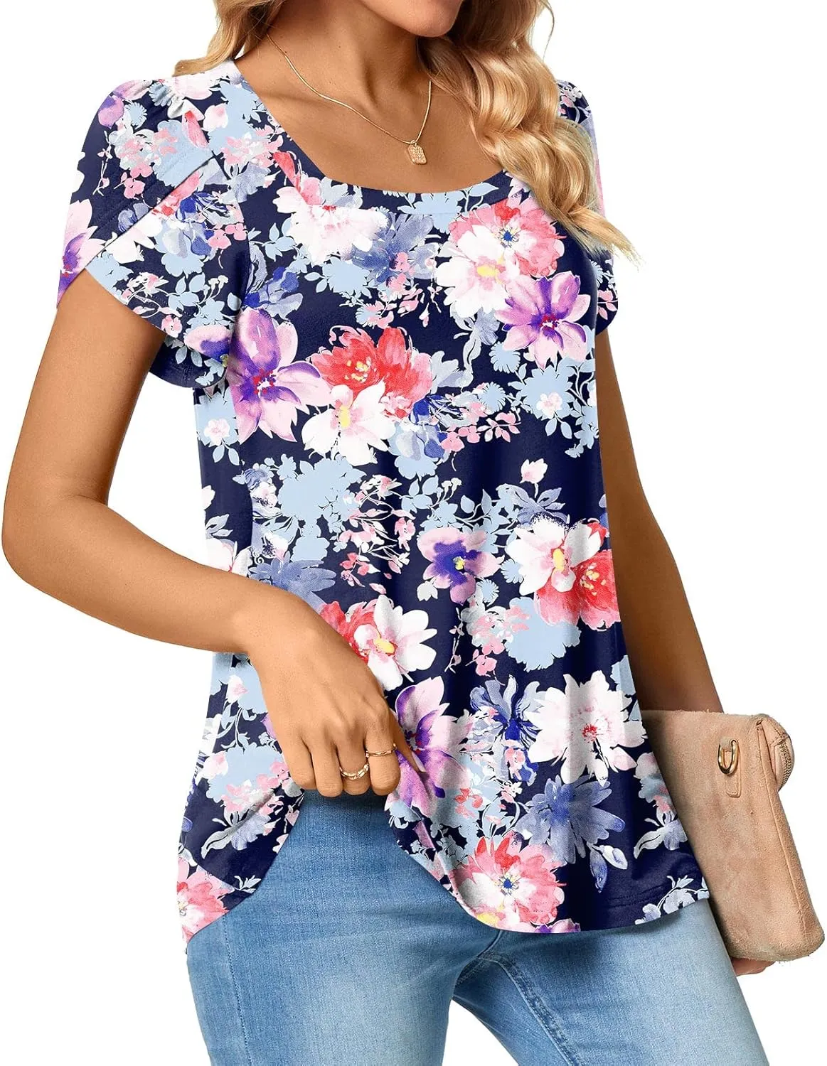 TAOHUADAO Womens 2025 Summer Casual T-Shirts Square Neck Petal Short Sleeve Tunic Tops