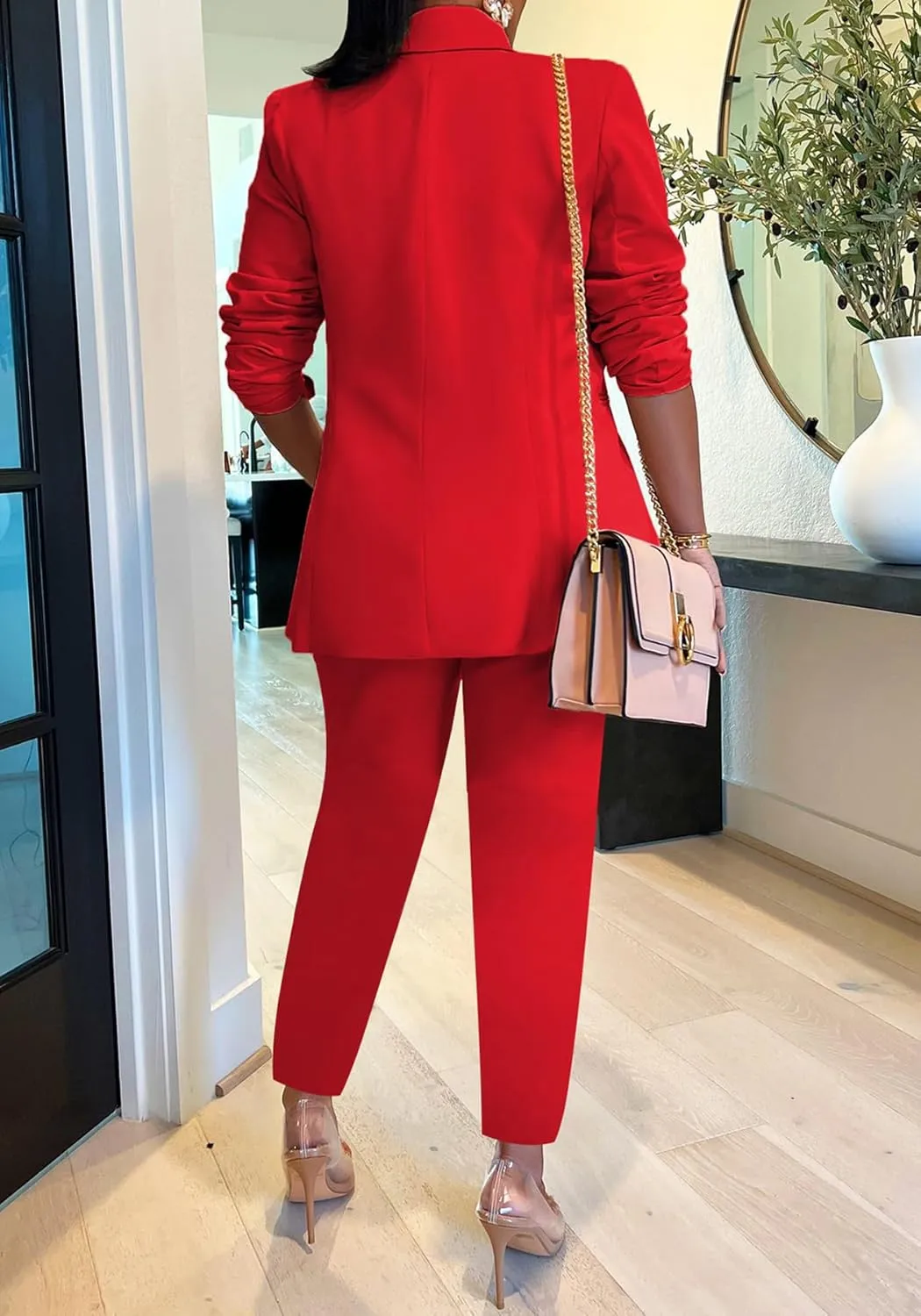 Tcremisa Women's 2 Piece Pants Suit Long Sleeve Button Blazer and Pencil Pant Set Casual Office Business Outfits