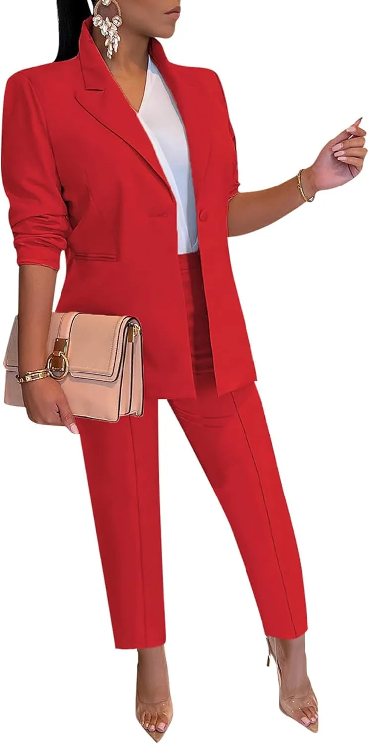 Tcremisa Women's 2 Piece Pants Suit Long Sleeve Button Blazer and Pencil Pant Set Casual Office Business Outfits