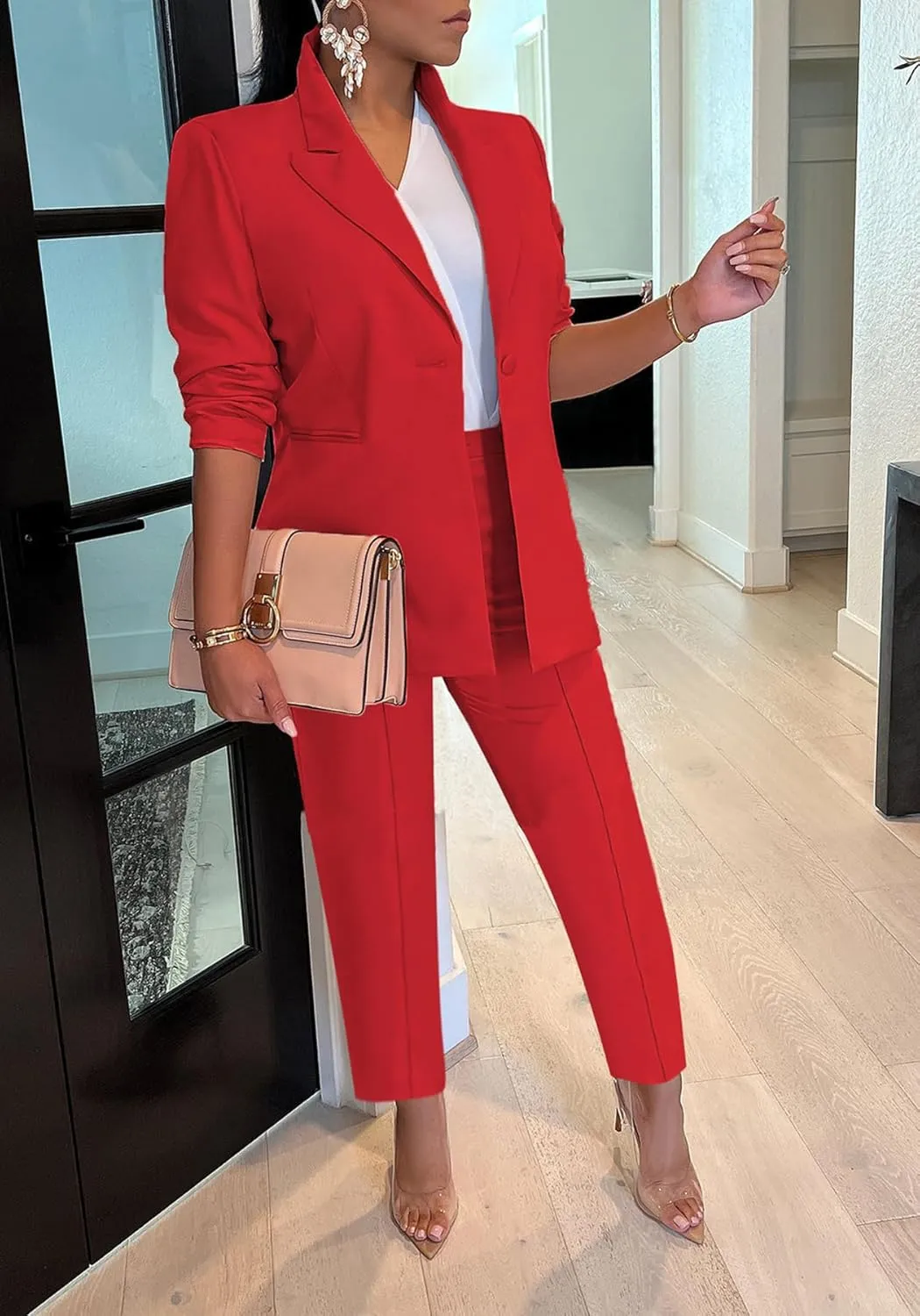 Tcremisa Women's 2 Piece Pants Suit Long Sleeve Button Blazer and Pencil Pant Set Casual Office Business Outfits