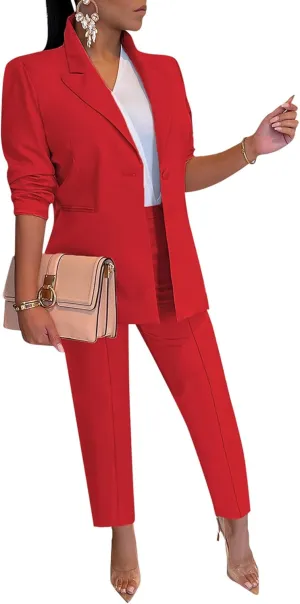 Tcremisa Women's 2 Piece Pants Suit Long Sleeve Button Blazer and Pencil Pant Set Casual Office Business Outfits