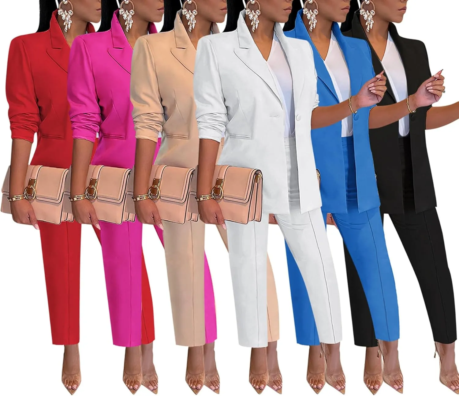 Tcremisa Women's 2 Piece Pants Suit Long Sleeve Button Blazer and Pencil Pant Set Casual Office Business Outfits