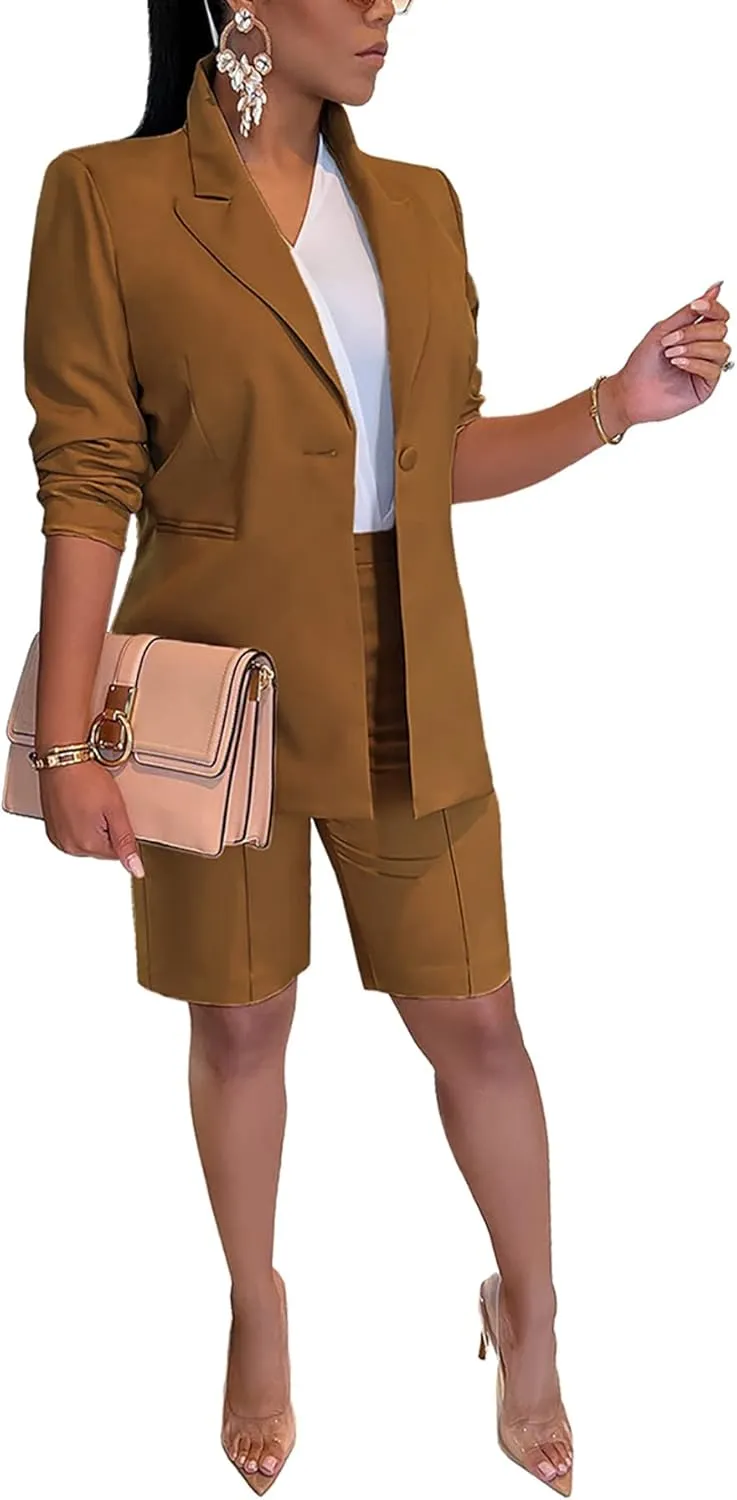 Tcremisa Women's 2025 Fashion Blazer Shorts Set Long Sleeve Office Suit Sets Casual 2 Piece Business Outfits