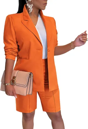 Tcremisa Women's 2025 Fashion Blazer Shorts Set Long Sleeve Office Suit Sets Casual 2 Piece Business Outfits