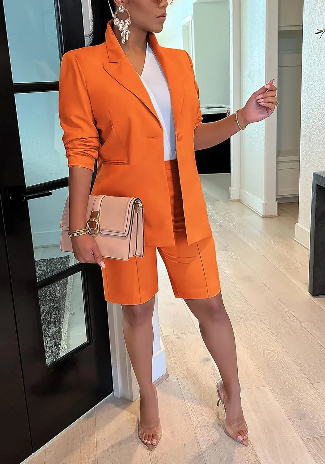 Tcremisa Women's 2025 Fashion Blazer Shorts Set Long Sleeve Office Suit Sets Casual 2 Piece Business Outfits