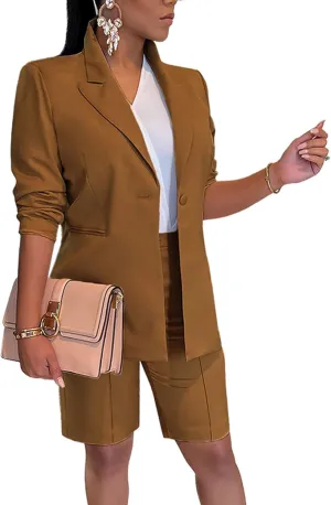 Tcremisa Women's 2025 Fashion Blazer Shorts Set Long Sleeve Office Suit Sets Casual 2 Piece Business Outfits