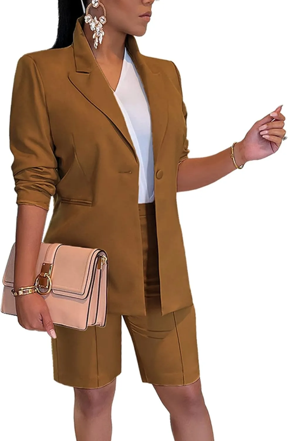 Tcremisa Women's 2025 Fashion Blazer Shorts Set Long Sleeve Office Suit Sets Casual 2 Piece Business Outfits