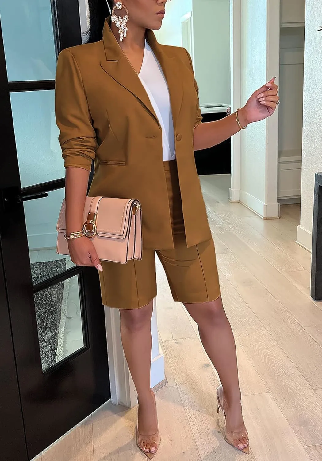 Tcremisa Women's 2025 Fashion Blazer Shorts Set Long Sleeve Office Suit Sets Casual 2 Piece Business Outfits