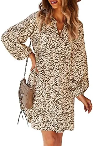 TEMOFON Womens Long Sleeve Dress: Leopard Printed Tunic Casual Loose V Neck Fall Flowy Mini Dresses S-XL