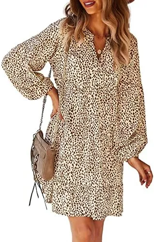 TEMOFON Womens Long Sleeve Dress: Leopard Printed Tunic Casual Loose V Neck Fall Flowy Mini Dresses S-XL