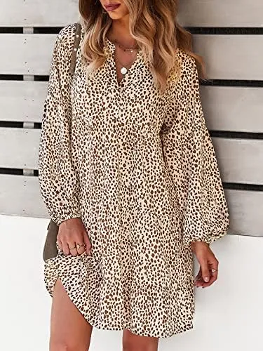 TEMOFON Womens Long Sleeve Dress: Leopard Printed Tunic Casual Loose V Neck Fall Flowy Mini Dresses S-XL