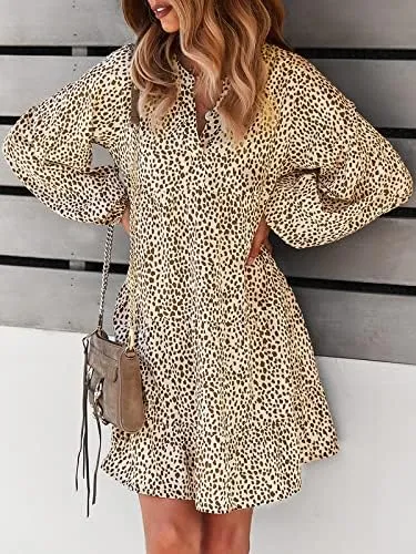 TEMOFON Womens Long Sleeve Dress: Leopard Printed Tunic Casual Loose V Neck Fall Flowy Mini Dresses S-XL