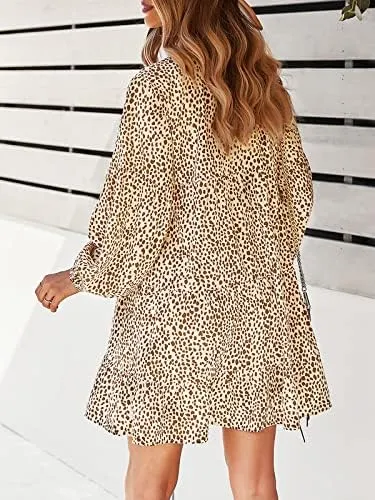 TEMOFON Womens Long Sleeve Dress: Leopard Printed Tunic Casual Loose V Neck Fall Flowy Mini Dresses S-XL