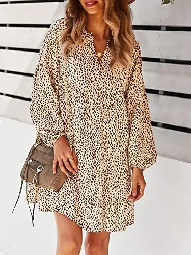 TEMOFON Womens Long Sleeve Dress: Leopard Printed Tunic Casual Loose V Neck Fall Flowy Mini Dresses S-XL